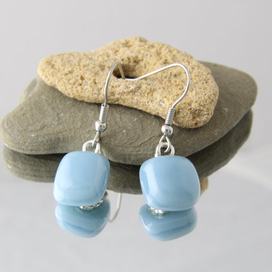 'Light Steel Blue' Fused Glass Earrings Dangles