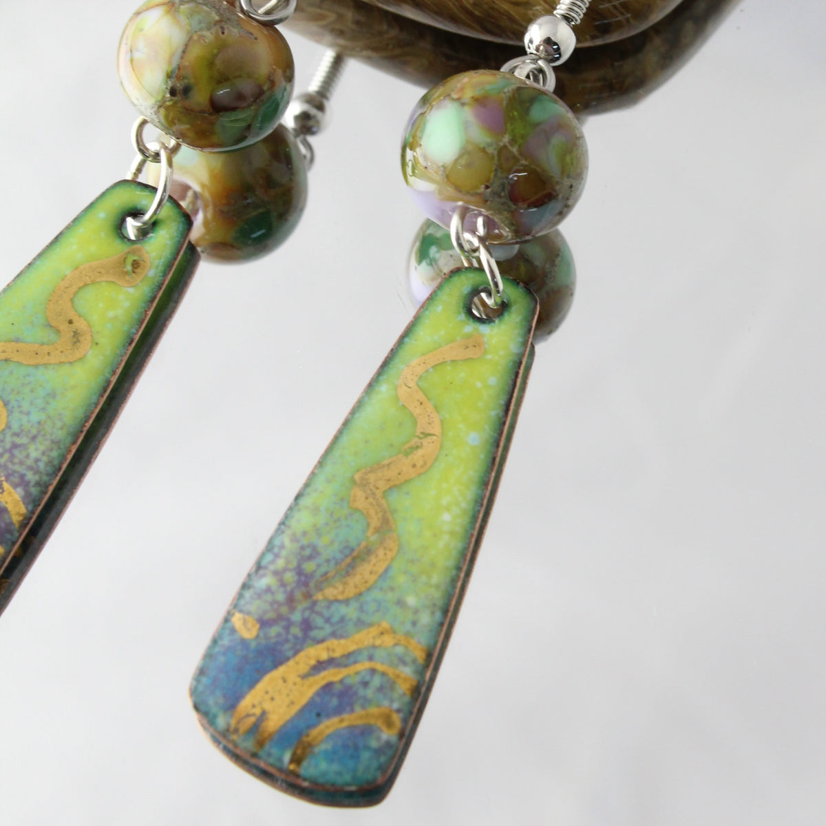 'Golden Lines' Enameled Copper & Glass Handmade Earrings