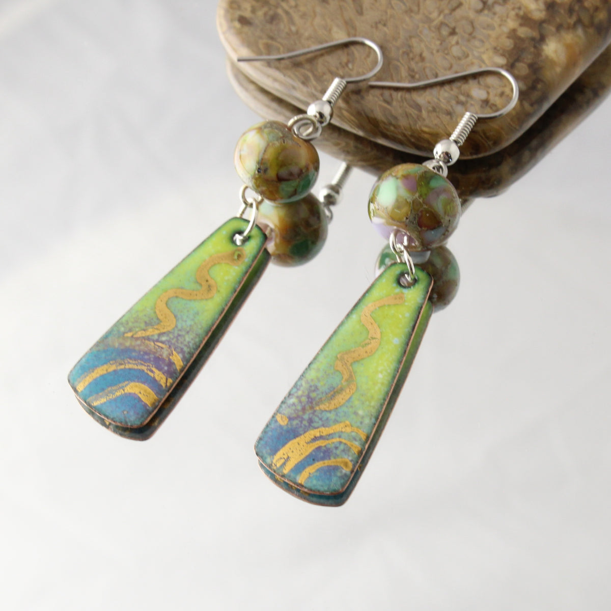 'Golden Lines' Enameled Copper & Glass Handmade Earrings