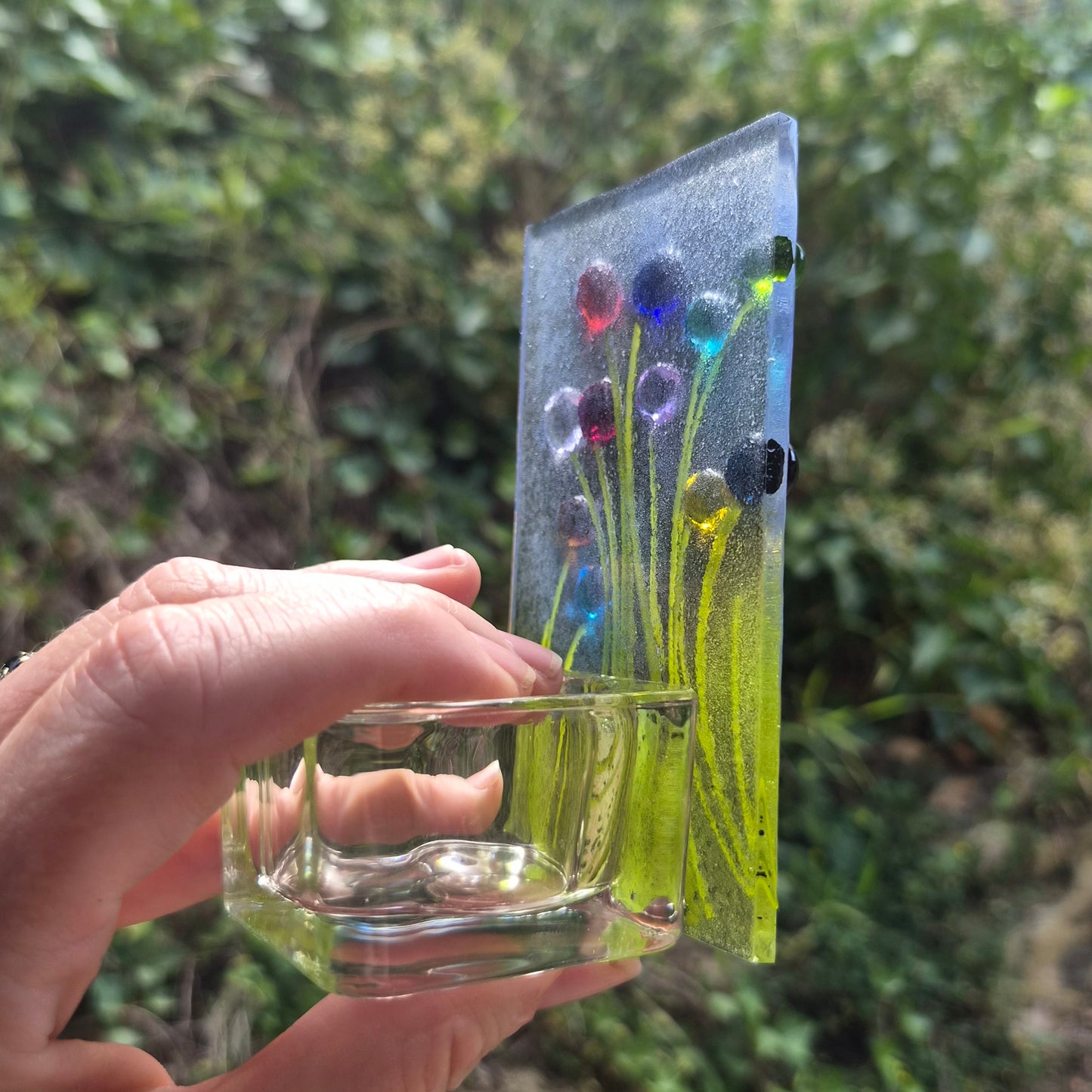 Rainbow Flowers Fused Glass Tealight