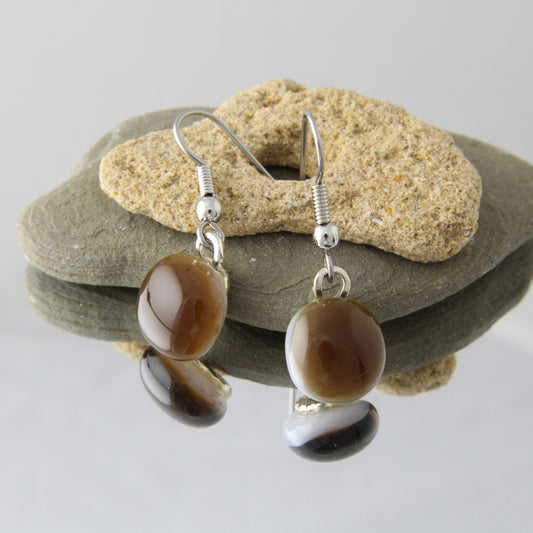 'Sepia Brown' Fused Glass Earrings Dangles