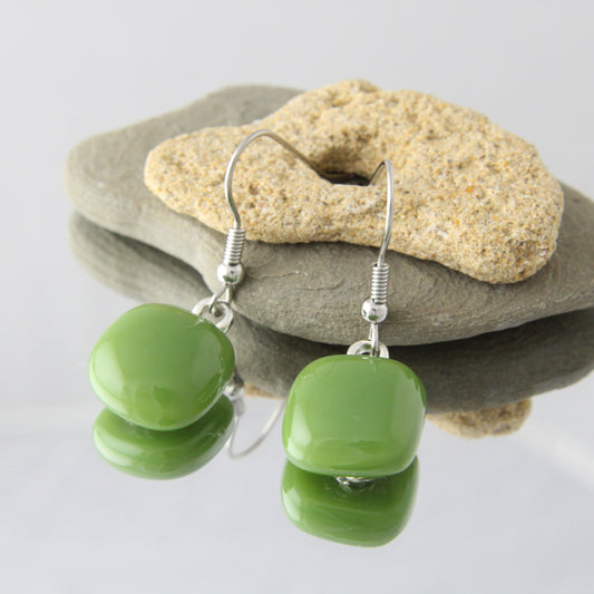 'Olive Green' Fused Glass Earrings Dangles