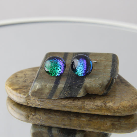 'Dichroic Green' Fused Glass Mini Studs Earrings