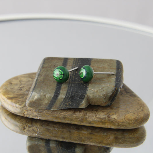 'Pine Green' Fused Glass Mini Studs Earrings