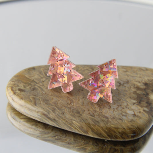 'Pink Glitter Christmas Trees' Acrylic Earrings Studs