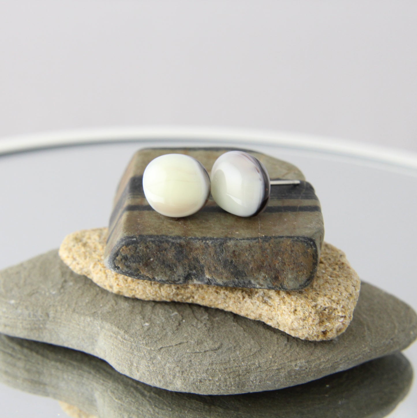 'Cream' White Fused Glass Earrings Studs