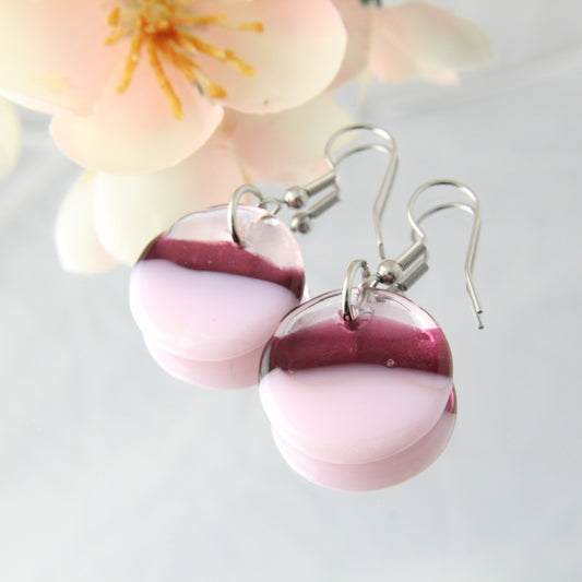 'Cranberry & Pink' Fused Glass Flat Out Earrings Dangles