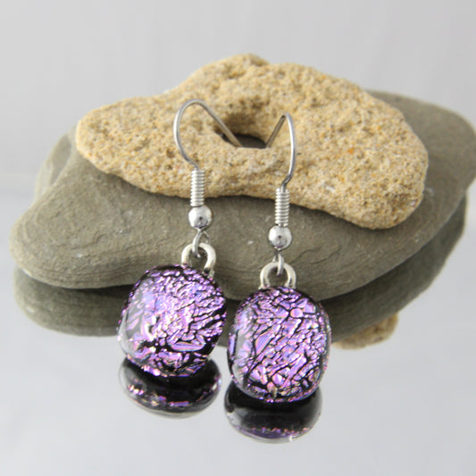 'A Crackled Purple' Fused Glass Earrings Dangles