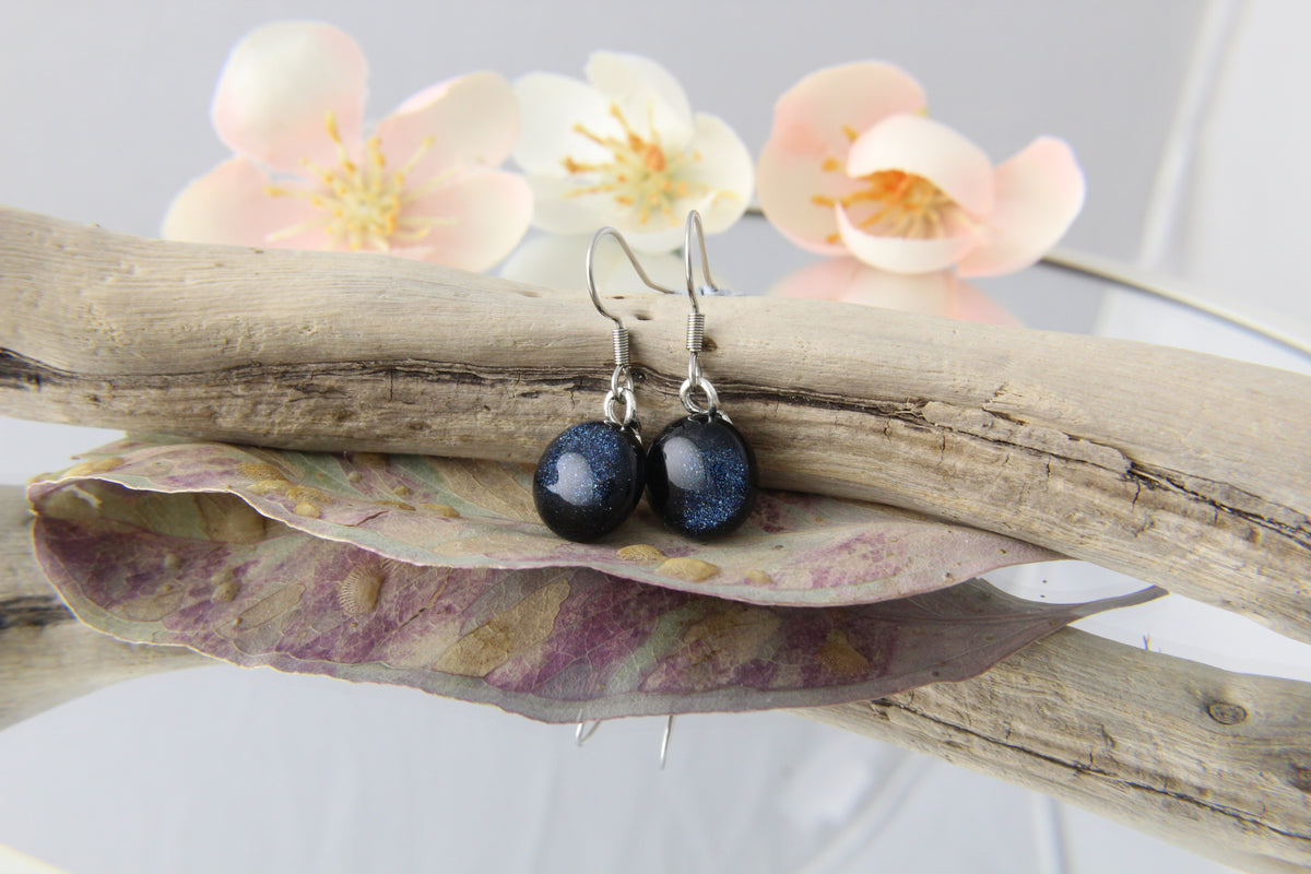 Midnight Blue Fused Glass Earrings Drops