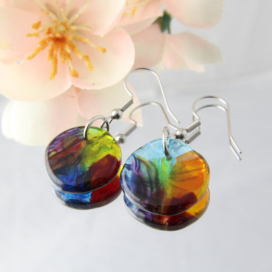'Rainbow Flower' Fused Glass Flat Out Dangles Earrings