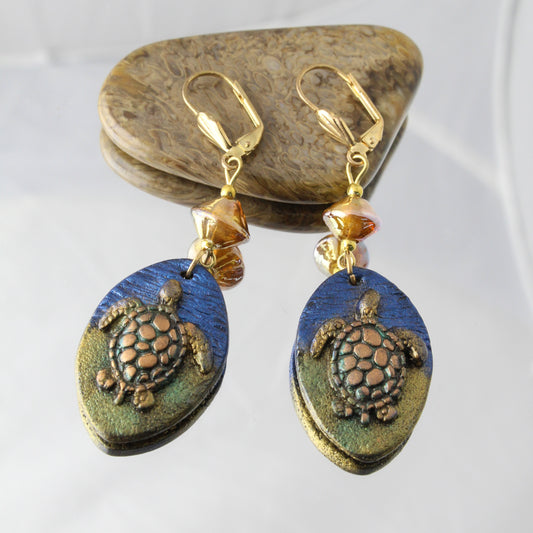 'Swimming Turtles' Polymer Clay & Glass Handmade Earrings