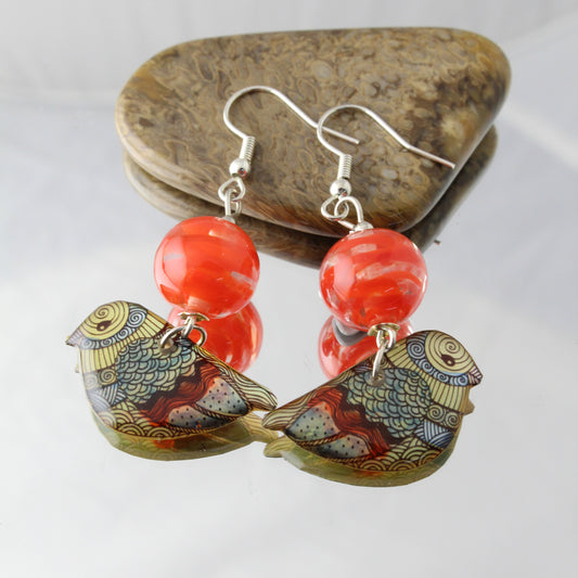 'Red Robins' Resin & Glass Handmade Earrings