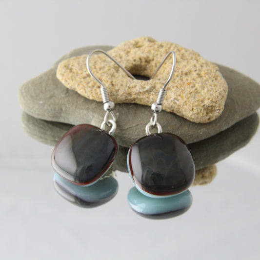 'Petrified Wood' Fused Glass Earrings Dangles