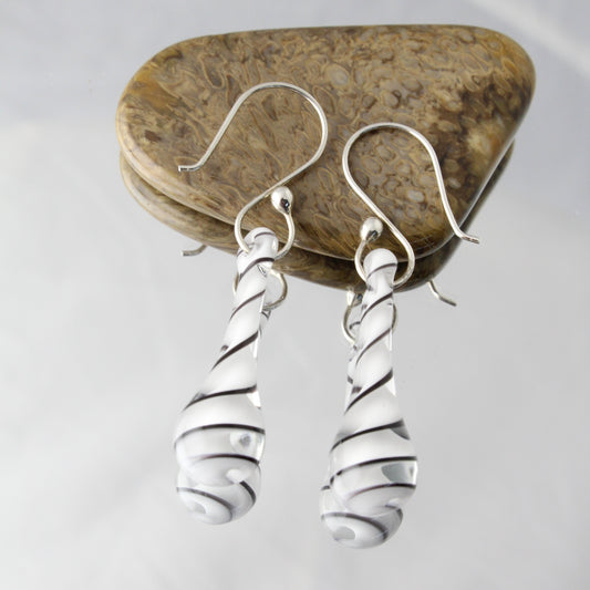'Black & White Whirling' Glass Earring Drops