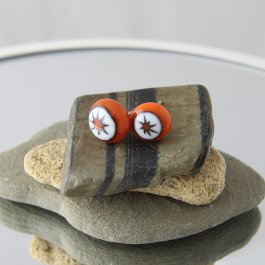 'Murrine Madness' Fused Glass Studs Deep Orange