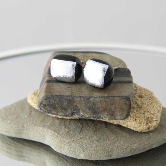 'Silver Square' Fused Glass Earrings Studs