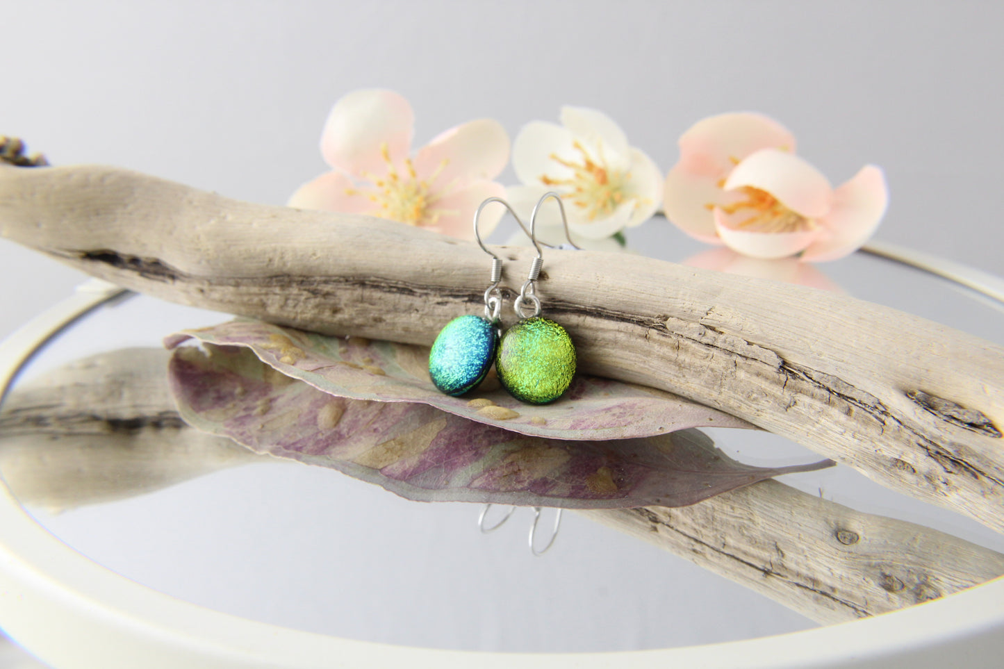 Yellowish Greenish Fused Glass Earrings Drops