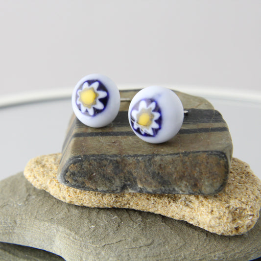 'White Murrine' Fused Glass Earrings Studs