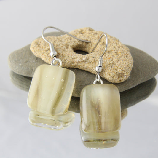 'Streaky Brown & Cream' Fused Glass Earrings Dangles