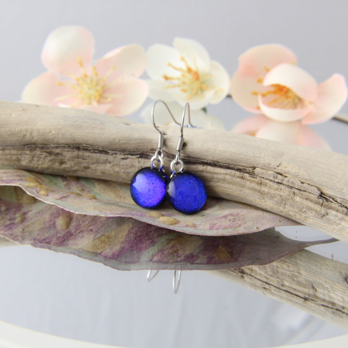 Smooth Blue Fused Glass Earrings Drops