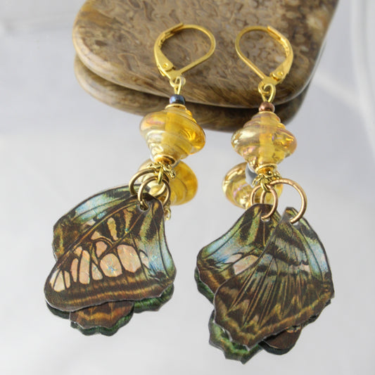 'Golden Butterflies' Handmade Glass & Acetate Earrings