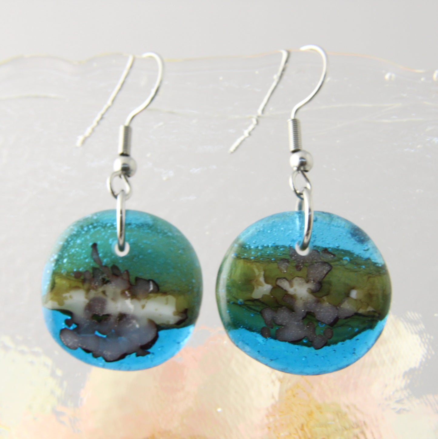 'Reactive Surf' Fused Glass Flat Out Dangles Earrings