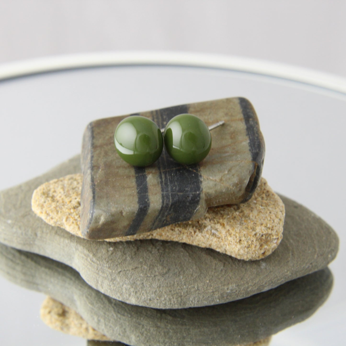 'Army Green' Fused Glass Studs