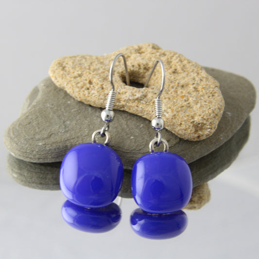 'Cobalt' Blue Fused Glass Earrings Dangles