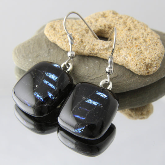 'Black Ice' Fused Glass Earrings Dangles