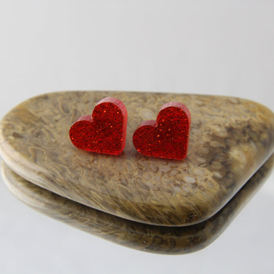 Red Heart Glitter Studs Earrings