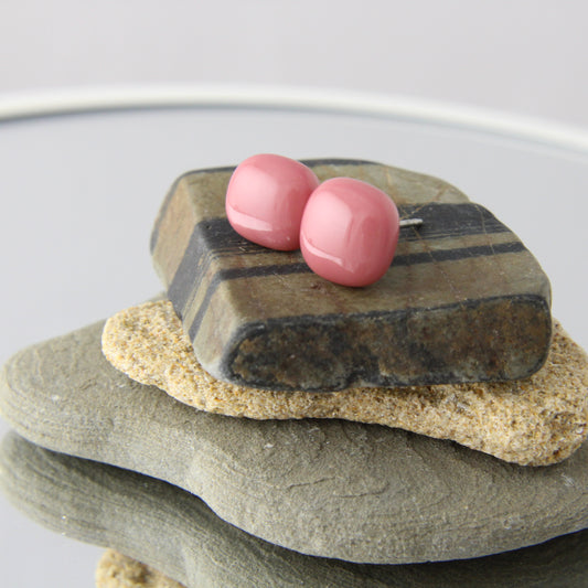 'Square Raspberry Rose' Fused Glass Studs Earrings