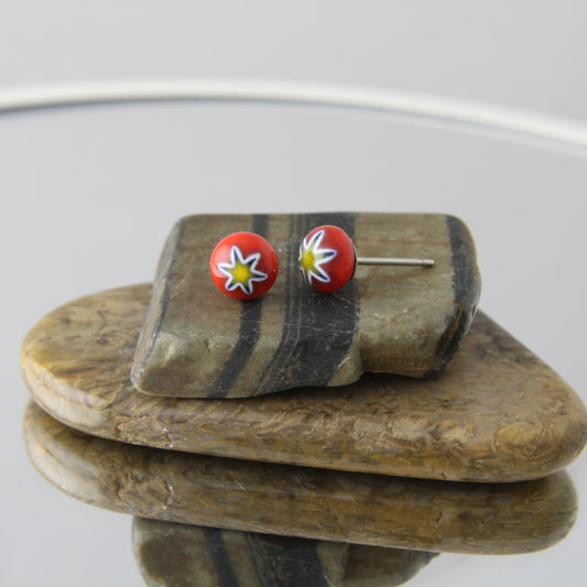 'Red Starbust' Mini Fused Glass Earrings Studs