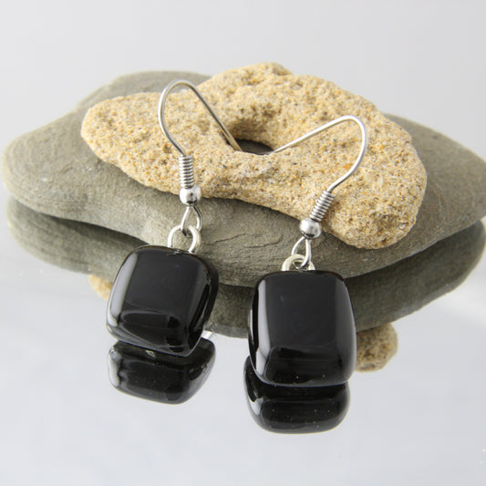 'Opaque Black' Fused Glass Earrings Dangles