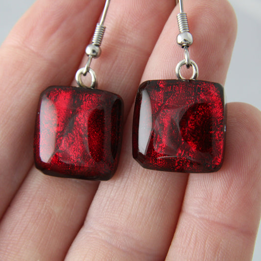 'Red Jewel' Fused Glass Earrings Dangles