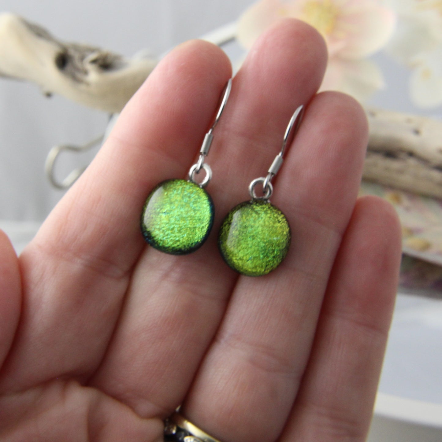 Yellowish Greenish Fused Glass Earrings Drops