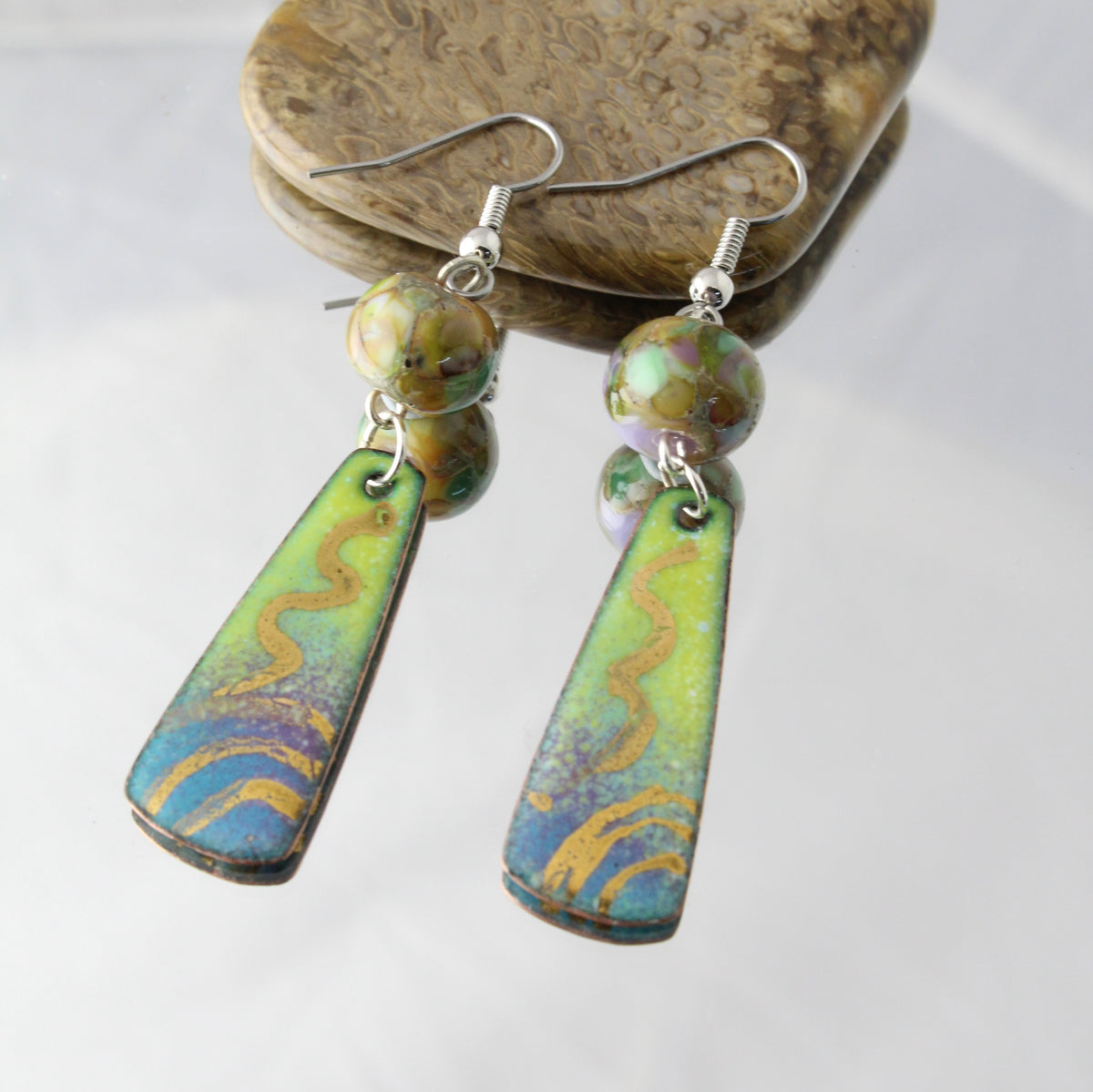 'Golden Lines' Enameled Copper & Glass Handmade Earrings