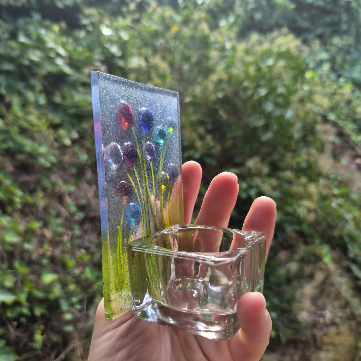 Rainbow Flowers Fused Glass Tealight