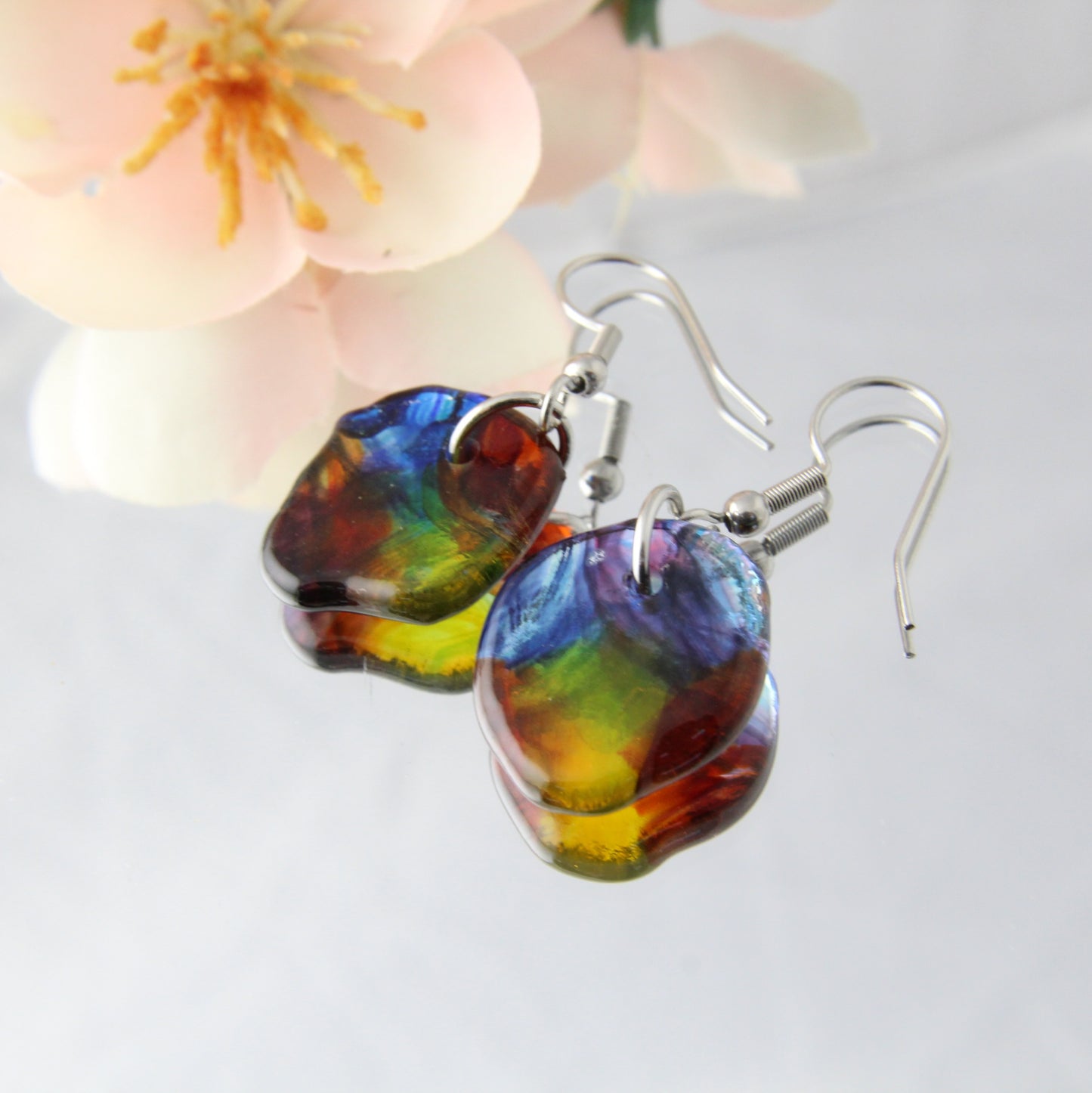 'Rainbow Flower' Fused Glass Flat Out Dangles Earrings