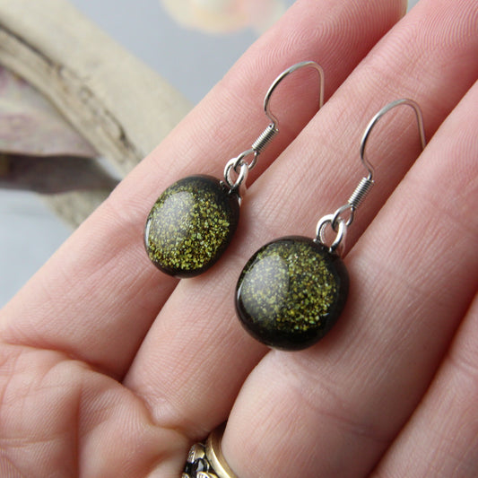 Brown Sparkles Fused Glass Earrings Drops