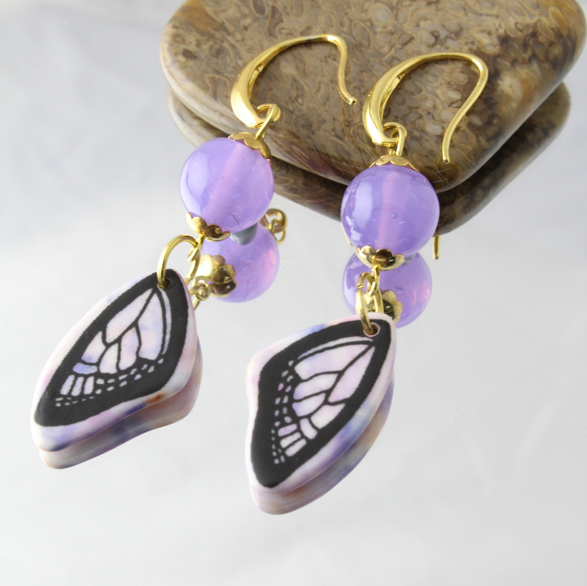 'Purple Moth' Ceramic and Glass Earrings