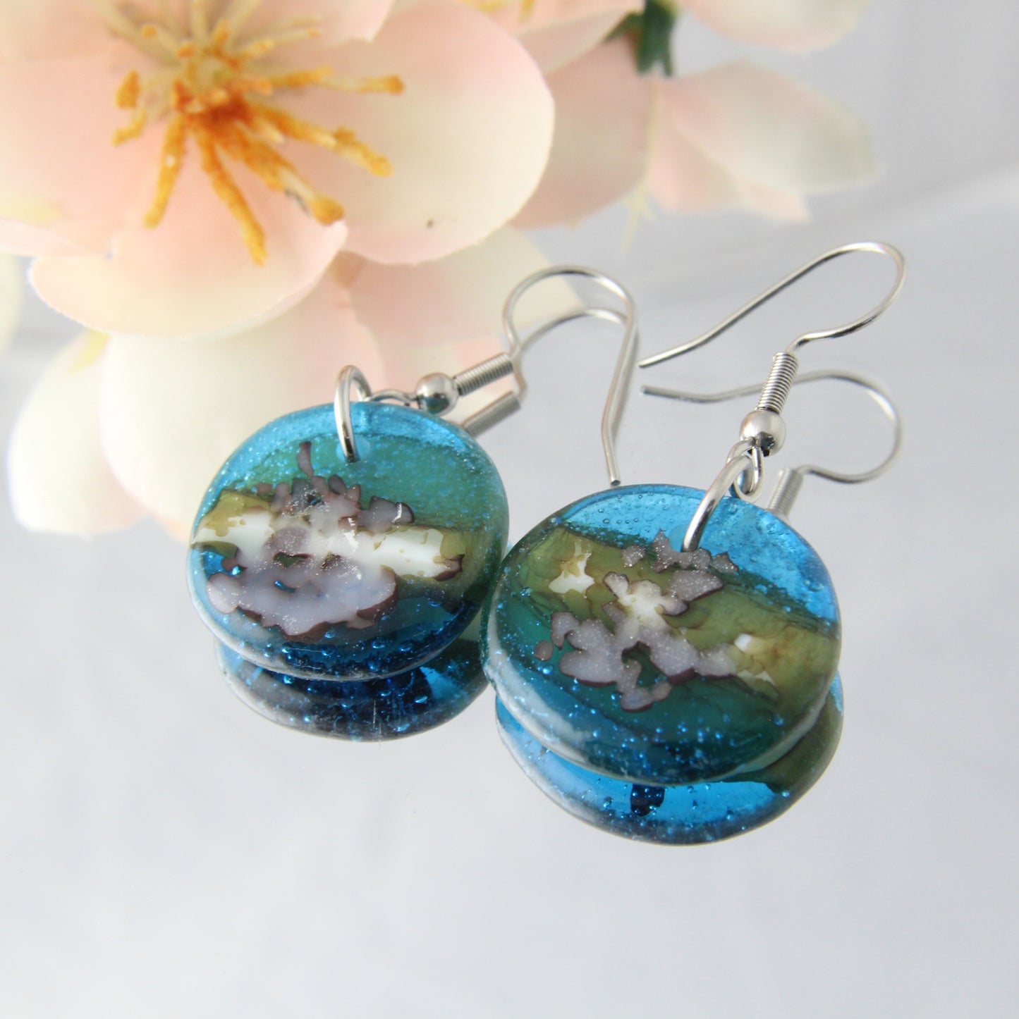 'Reactive Surf' Fused Glass Flat Out Dangles Earrings
