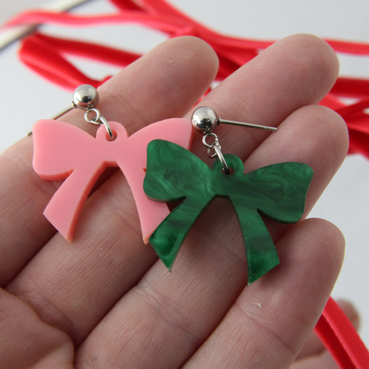 'Christmas Bow' Acrylic Earrings - pick a colour!