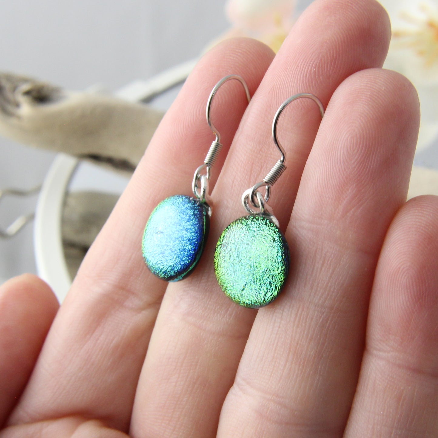 Yellowish Greenish Fused Glass Earrings Drops