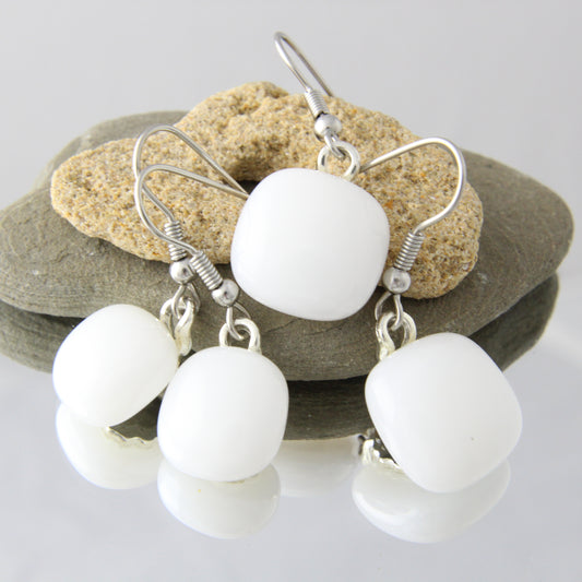 'Just White' Fused Glass Earrings Dangles