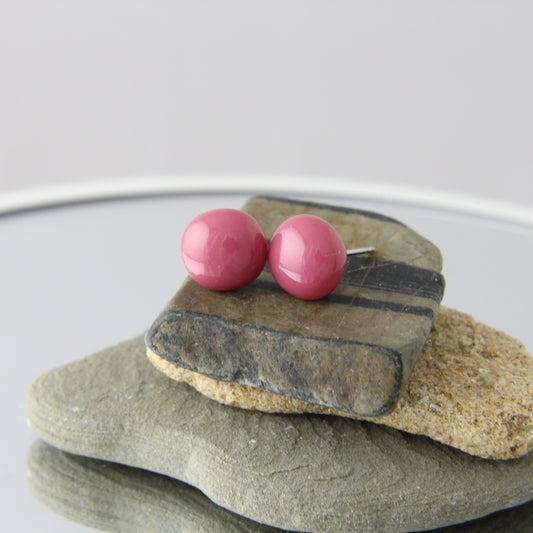 'Round Raspberry Rose' Fused Glass Studs Earrings
