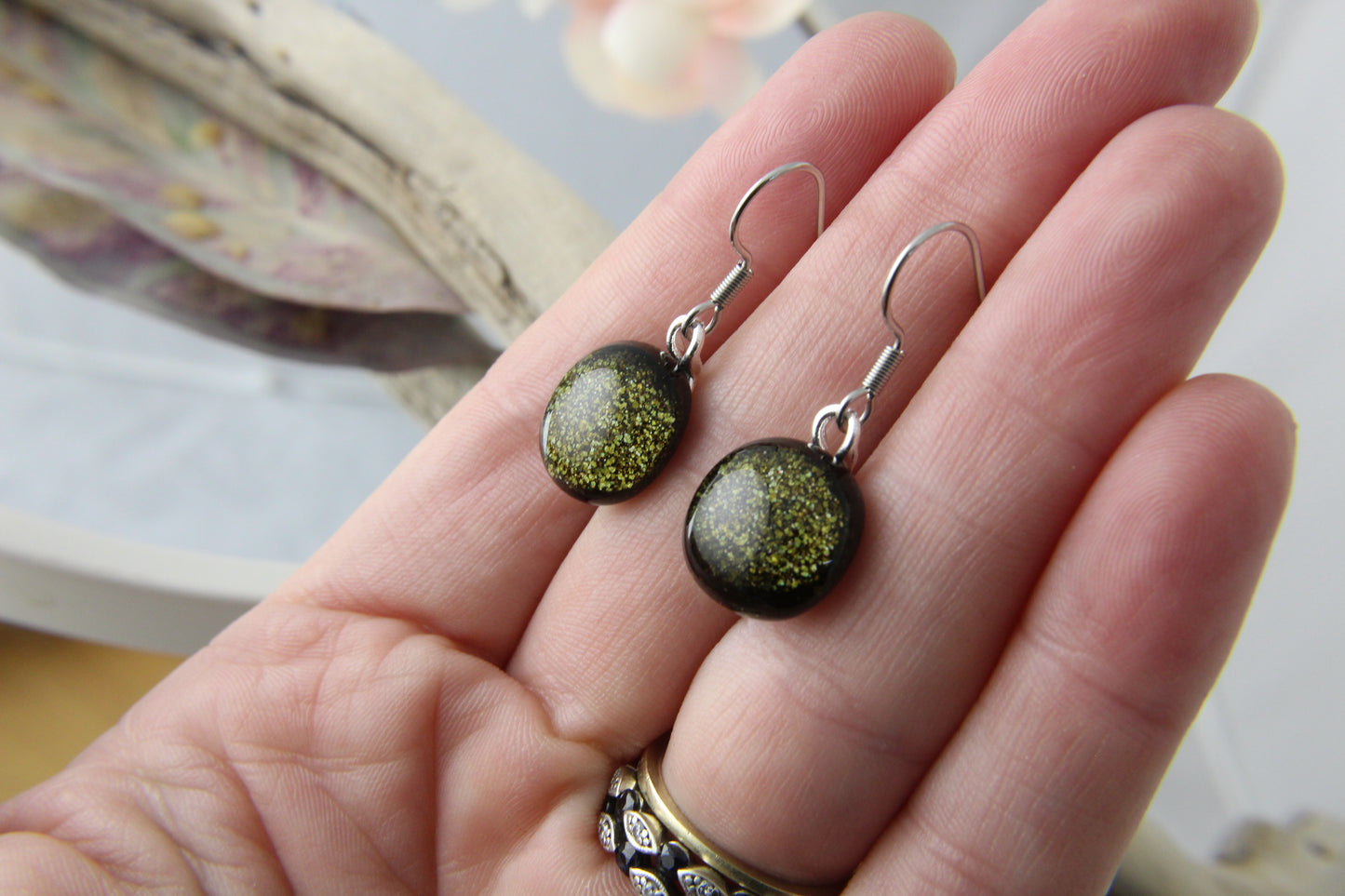 Brown Sparkles Fused Glass Earrings Drops
